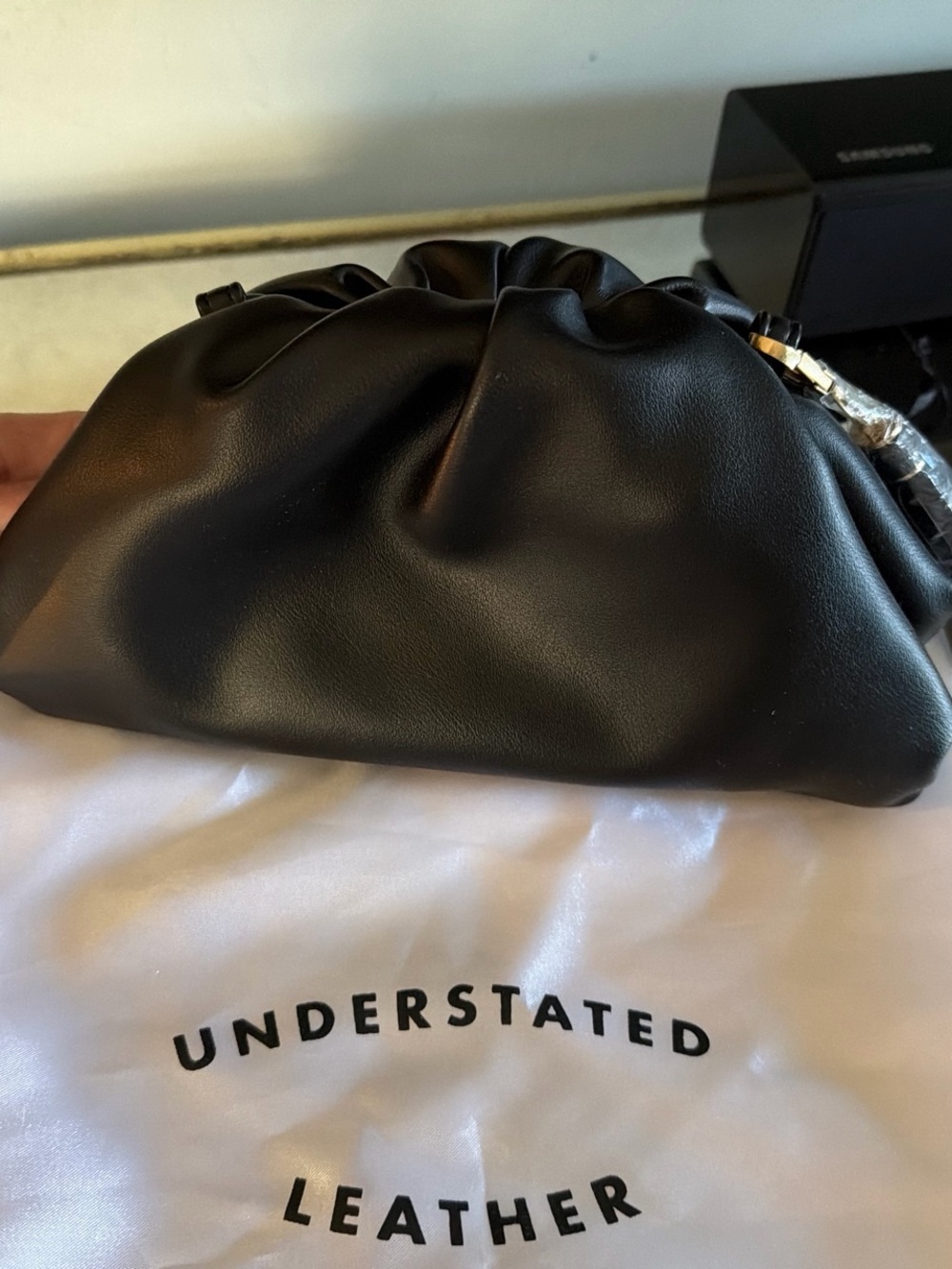 Understated Leather Black Ruched Wristlet Clutch